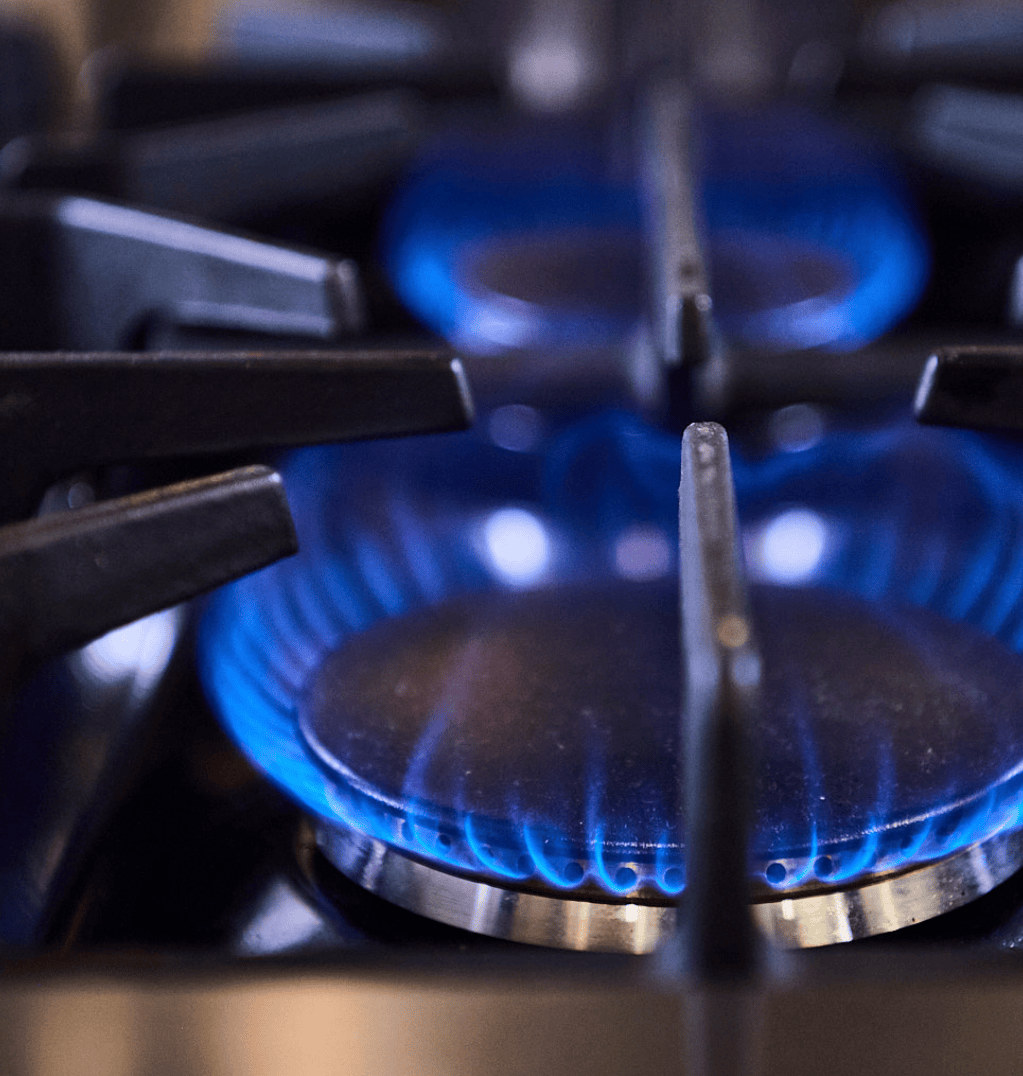 the blue flames of a pilot light on a gas range